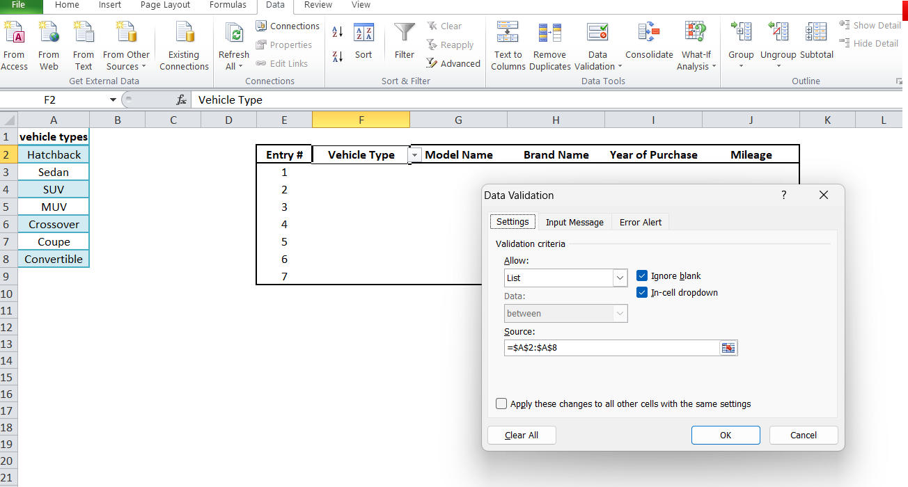 data validation excel