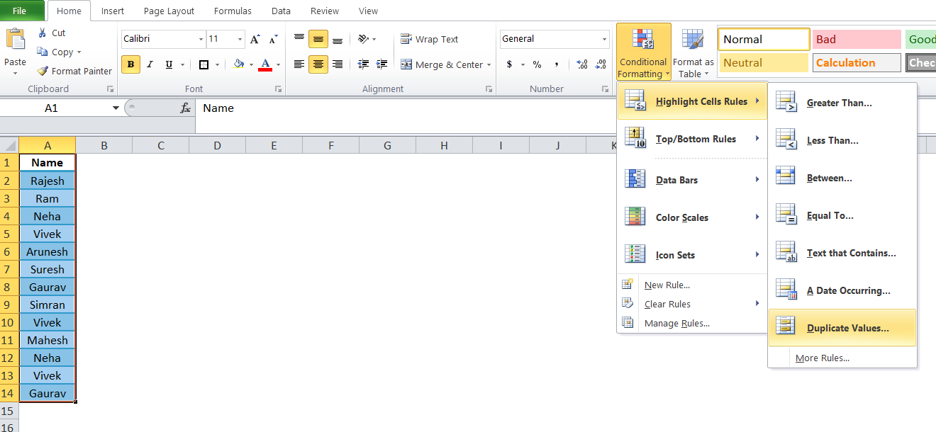 duplicate values excel